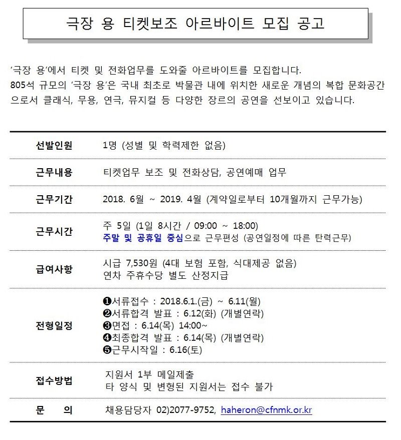 2018년 3차 극장 용 티켓보조 아르바이트 모집 공고 게시글로써 첨부파일을 참고해주세요