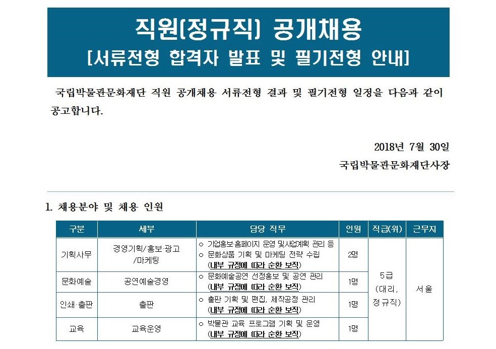 직원(정규직) 공개채용 서류전형 합격자 발표 및 필기전형 안내(기획사무/문화예술/인쇄출판/교육)_주차 지원 불가 안내 게시글로써 자세한 내용은 첨부파일을 참고해주세요.