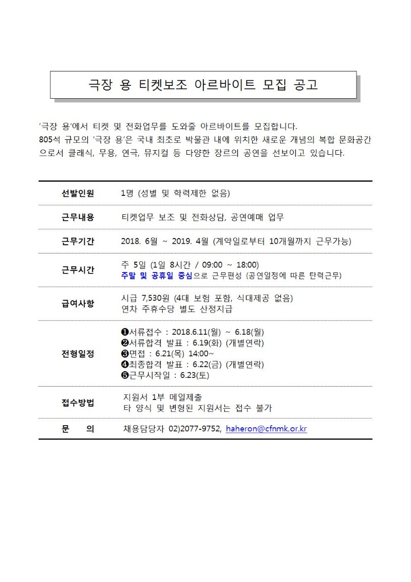 2018년 4차 극장 용 티켓보조 아르바이트 모집 공고 게시글로써 첨부파일을 참고해주세요