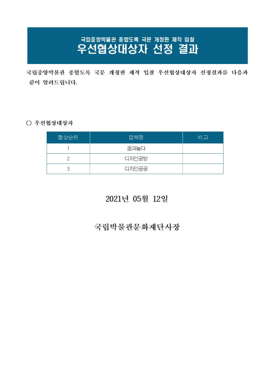 국립중앙박물관 종합도록 국문 개정판 제작 입찰 우선협상대상자 선정 결과 국립중앙박물관 종합도록 국문 개정판 제작 ㅇ비찰 우선협상대상자 선정결과를 다음과 같이 알려드립니다. 우선협상대상자 협상순위 1. 업체명 꿈과놀다 2. 디자인공방 3. 디자인공공 2021년 05월 12일 국립박물관문화재단사장