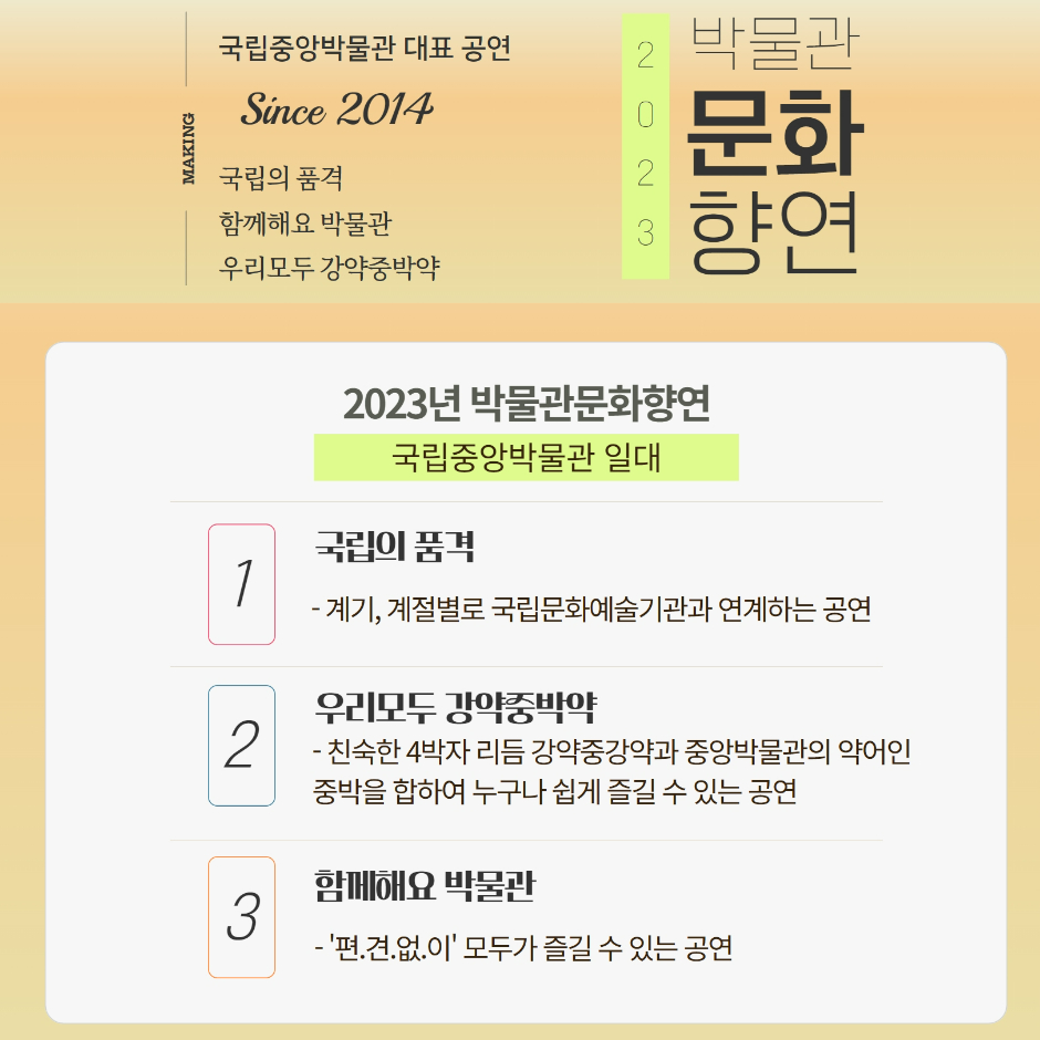 MAKING  국립중앙박물관 대표 공연  Since 2014 국립의 품격 함께해요 박물관 우리모두 강약중박약 2023 박물관문화향연 2023년 박물관문화향연 국립중앙박물관 일대 1 국립의 품격 - 계기, 계절별로 국립문화예술기관과 연계하는 공연 2 우리모두 강약중박약 - 친숙한 4박자 리듬 강약중강약과 중앙박물관의 약어인 중박을 합하여 누구나 쉽게 즐길 수 있는 공연 3 함께해요 박물관 - 편.견.없.이 모두가 즐길 수 있는 공연