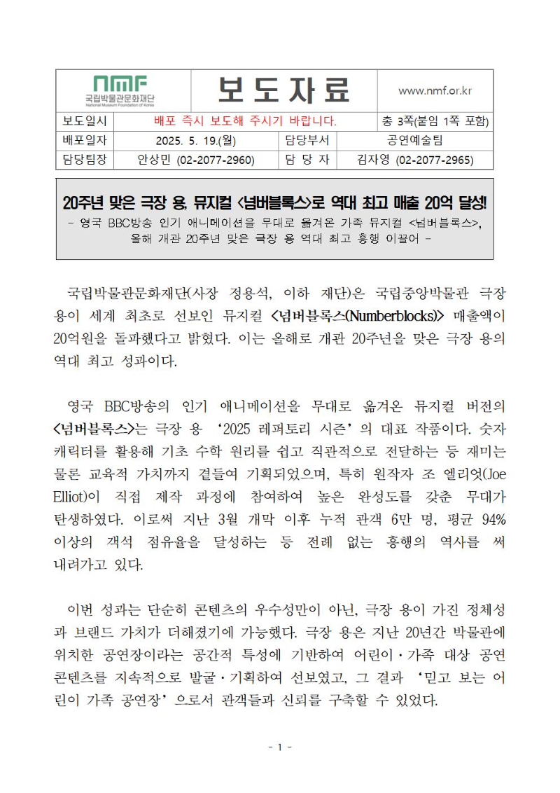 20주년 맞은 극장 용, 뮤지컬 <넘버블록스>로 역대 최고 매출 20억 달성!
영국 BBC방송 인기 애니메이션을 무대로 옮겨온 가족 뮤지컬 <넘버블록스>, 올해 개관 20주년 맞은 극장 용 역대 최고 흥행 이끌어 
국립박물관문화재단(사장 정용석, 이하 재단)은 국립중앙박물관 극장 용이 세계 최초로 선보인 뮤지컬 <넘버블록스(Numberblocks)> 매출액이 20억원을 돌파했다고 밝혔다. 이는 올해로 개관 20주년을 맞은 극장 용의 역대 최고 성과이다. 
  영국 BBC방송의 인기 애니메이션을 무대로 옮겨온 뮤지컬 버전의 <넘버블록스>는 극장 용 ‘2025 레퍼토리 시즌’의 대표 작품이다. 숫자 캐릭터를 활용해 기초 수학 원리를 쉽고 직관적으로 전달하는 등 재미는 물론 교육적 가치까지 곁들여 기획되었으며, 특히 원작자 조 엘리엇(Joe Elliot)이 직접 제작 과정에 참여하여 높은 완성도를 갖춘 무대가 탄생하였다. 이로써 지난 3월 개막 이후 누적 관객 6만 명, 평균 94% 이상의 객석 점유율을 달성하는 등 전례 없는 흥행의 역사를 써 내려가고 있다. 
  이번 성과는 단순히 콘텐츠의 우수성만이 아닌, 극장 용이 가진 정체성과 브랜드 가치가 더해졌기에 가능했다. 극장 용은 지난 20년간 박물관에 위치한 공연장이라는 공간적 특성에 기반하여 어린이·가족 대상 공연 콘텐츠를 지속적으로 발굴·기획하여 선보였고, 그 결과 ‘믿고 보는 어린이 가족 공연장’으로서 관객들과 신뢰를 구축할 수 있었다.